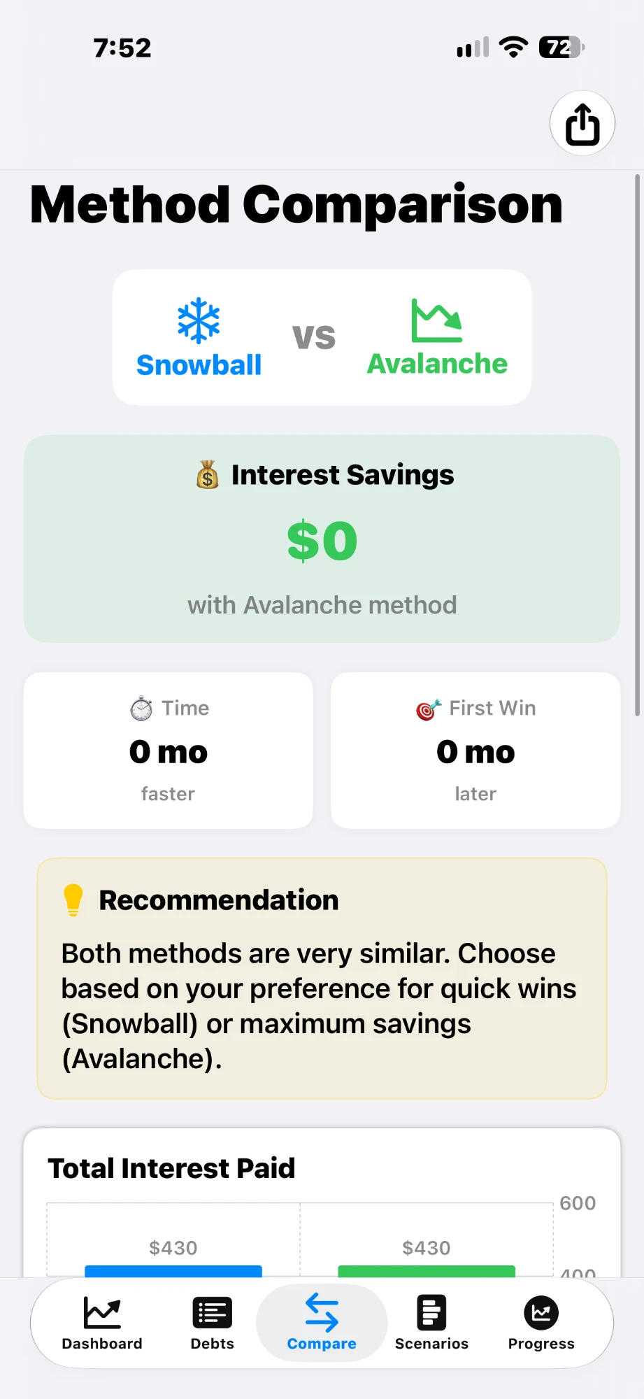 PayoffPilot Method Comparison screen showing Snowball versus Avalanche, interest savings, time difference and a recommendation