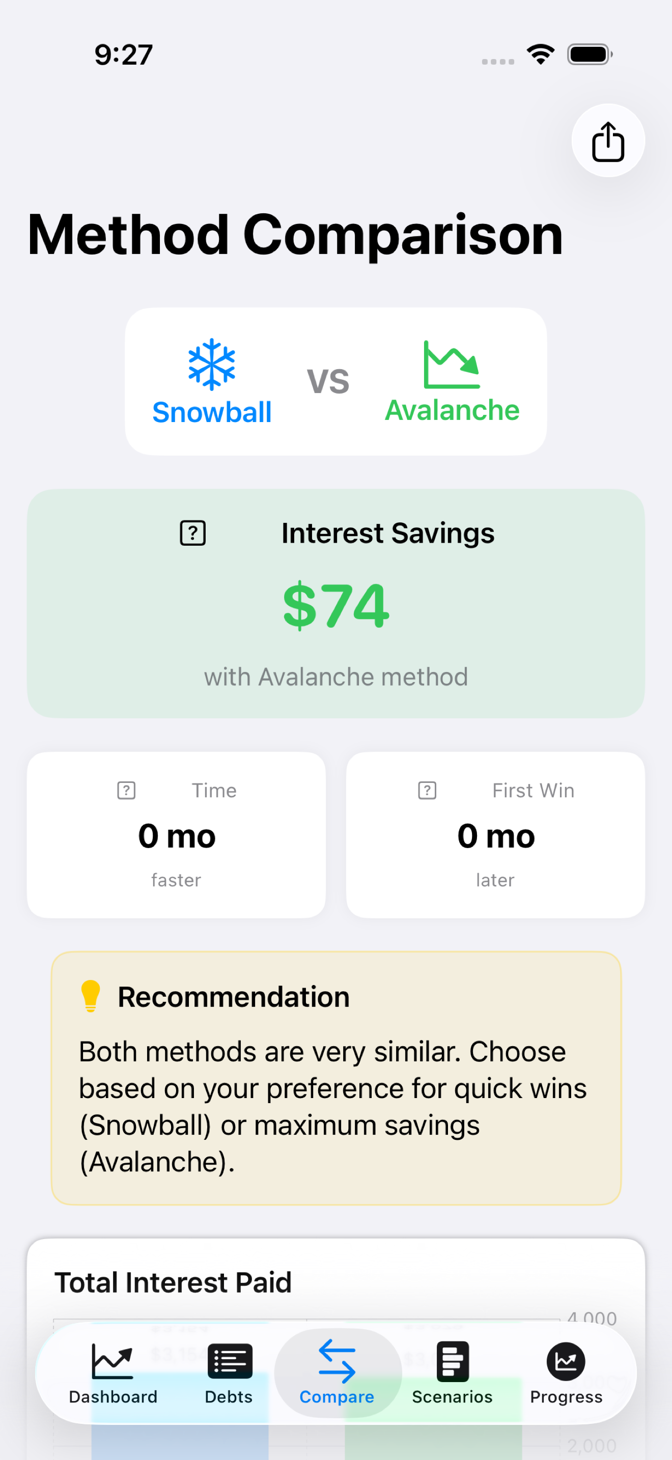 PayoffPilot Method Comparison screen showing Snowball versus Avalanche, interest savings, and a recommendation