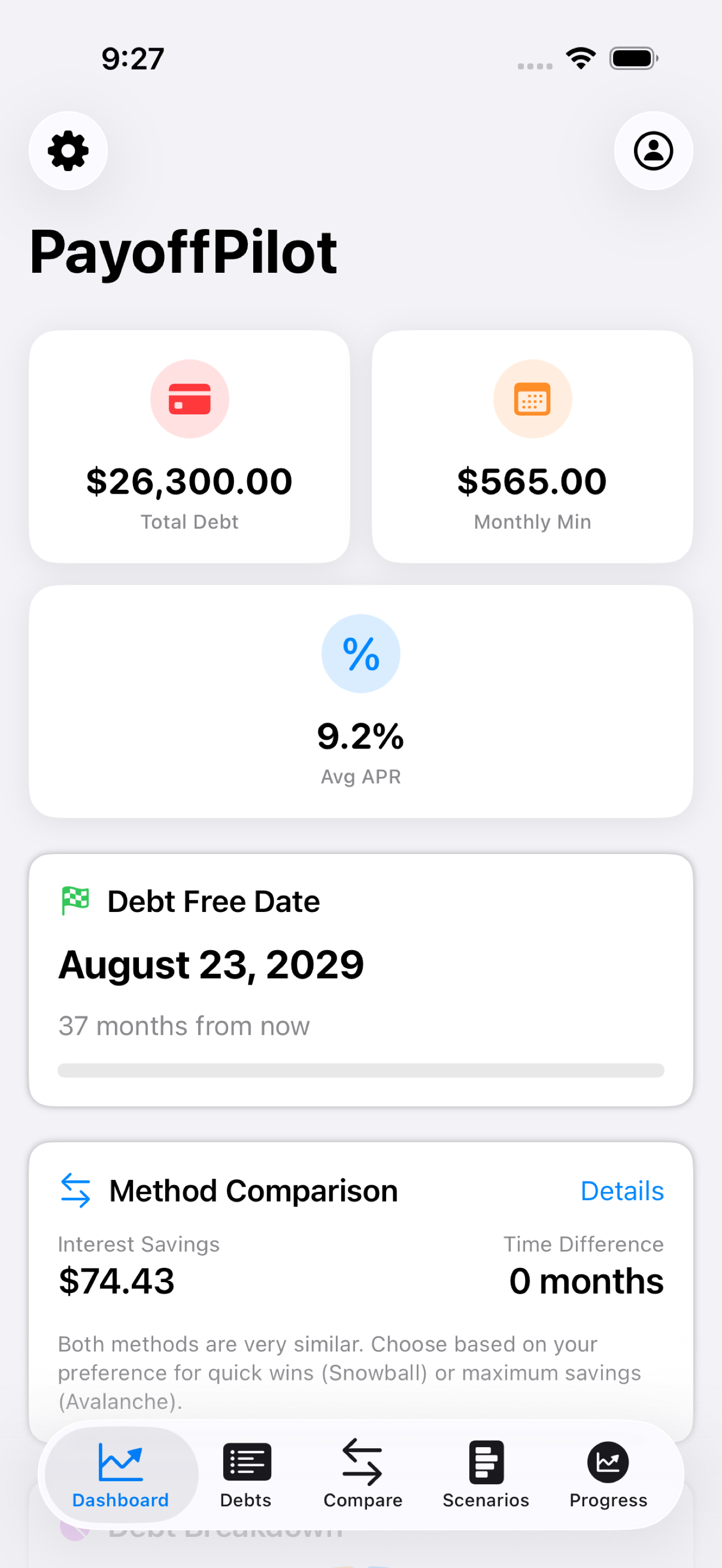 PayoffPilot dashboard showing total debt, monthly minimums, average APR, and a debt-free date