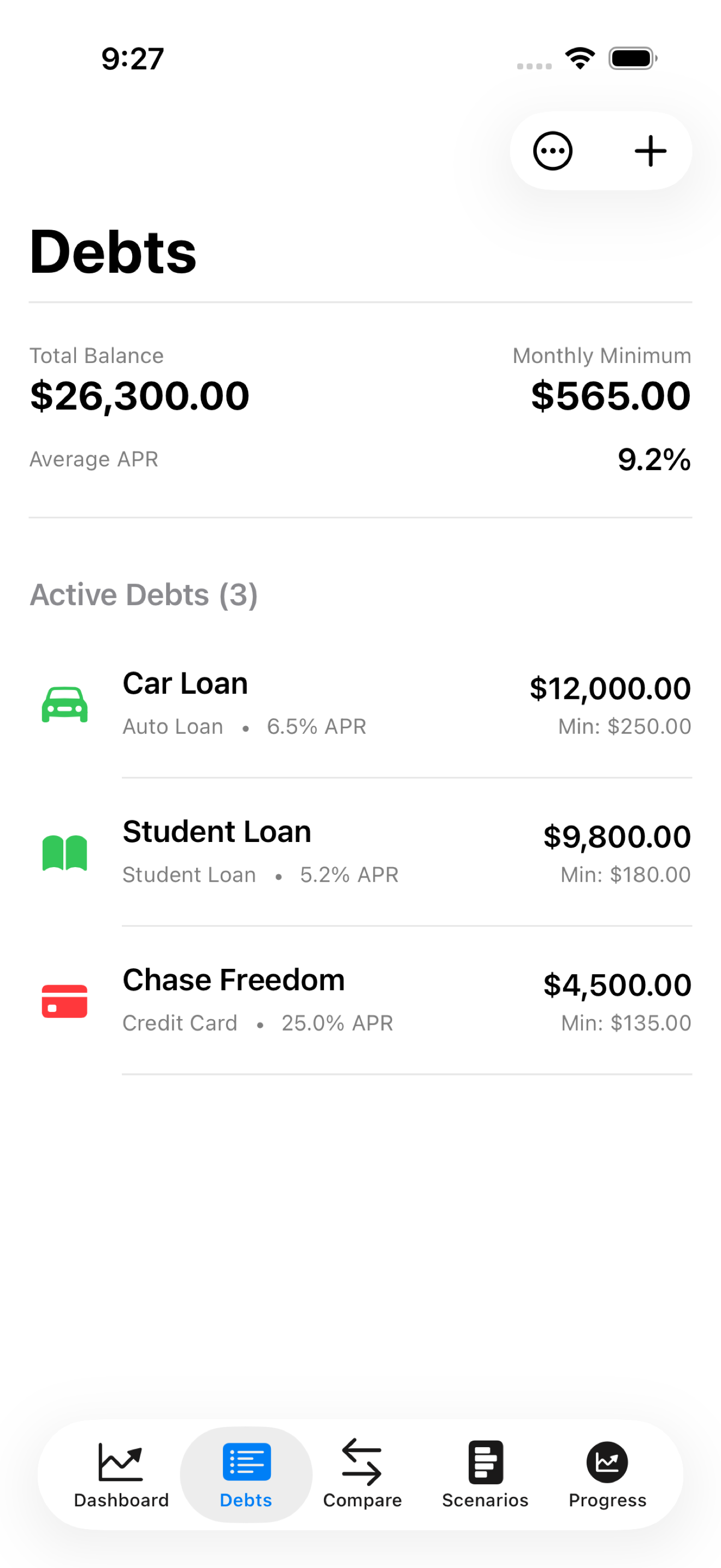 PayoffPilot Debts tab
