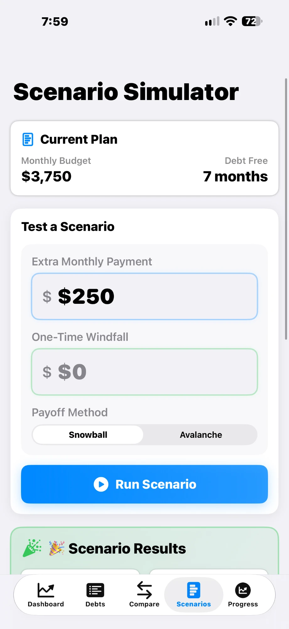 PayoffPilot Scenario Simulator with a $250 extra monthly payment entered and a Run Scenario button