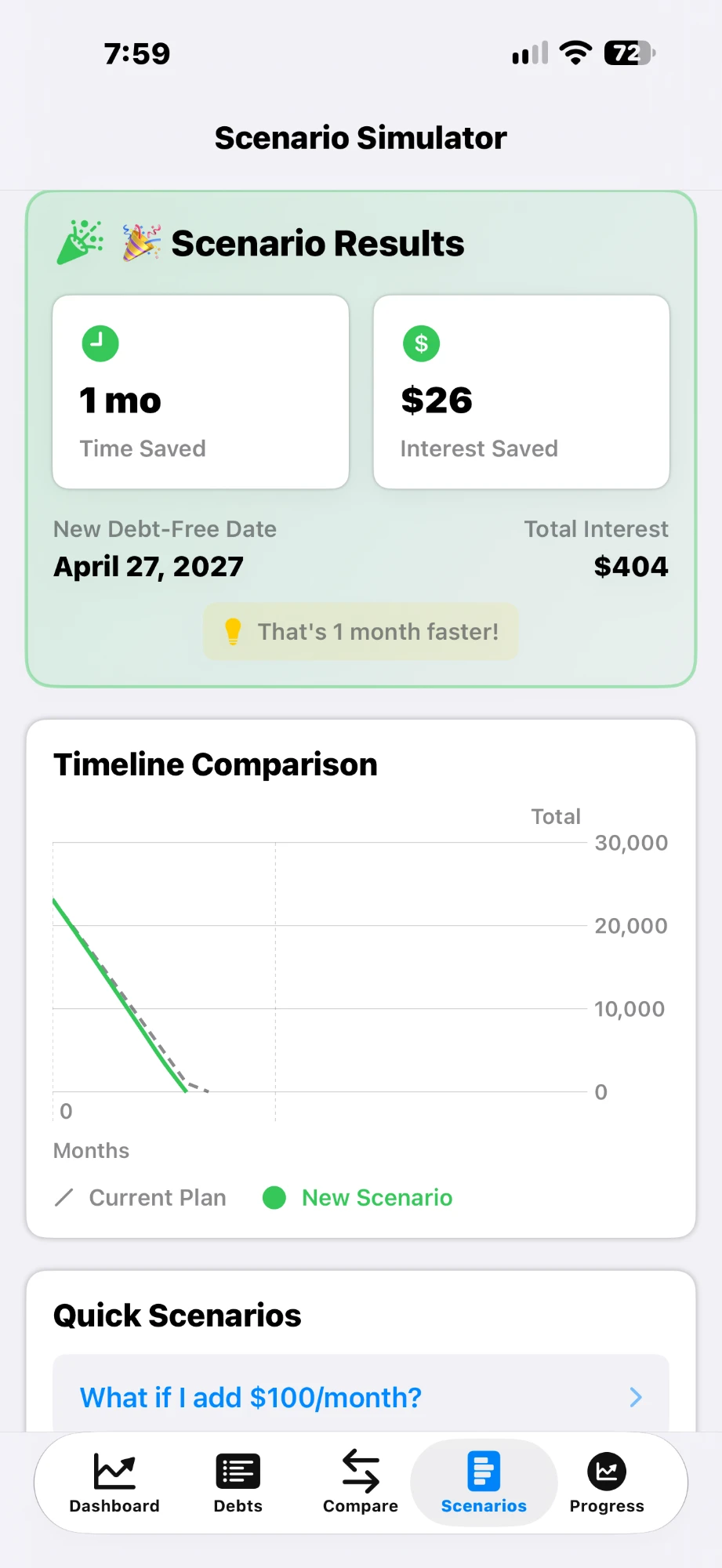 PayoffPilot Scenario Results showing one month and $26 saved with a new debt-free date