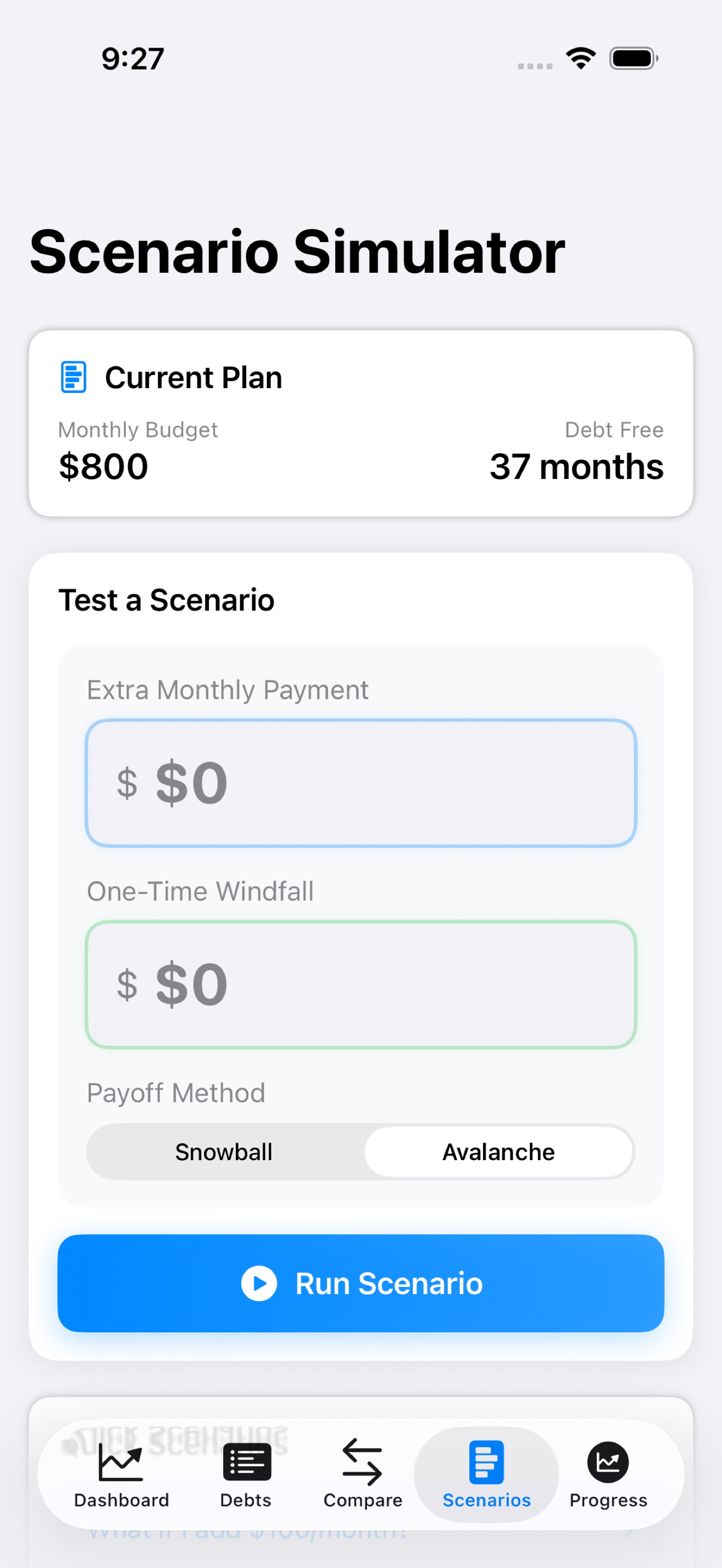PayoffPilot Scenarios tab