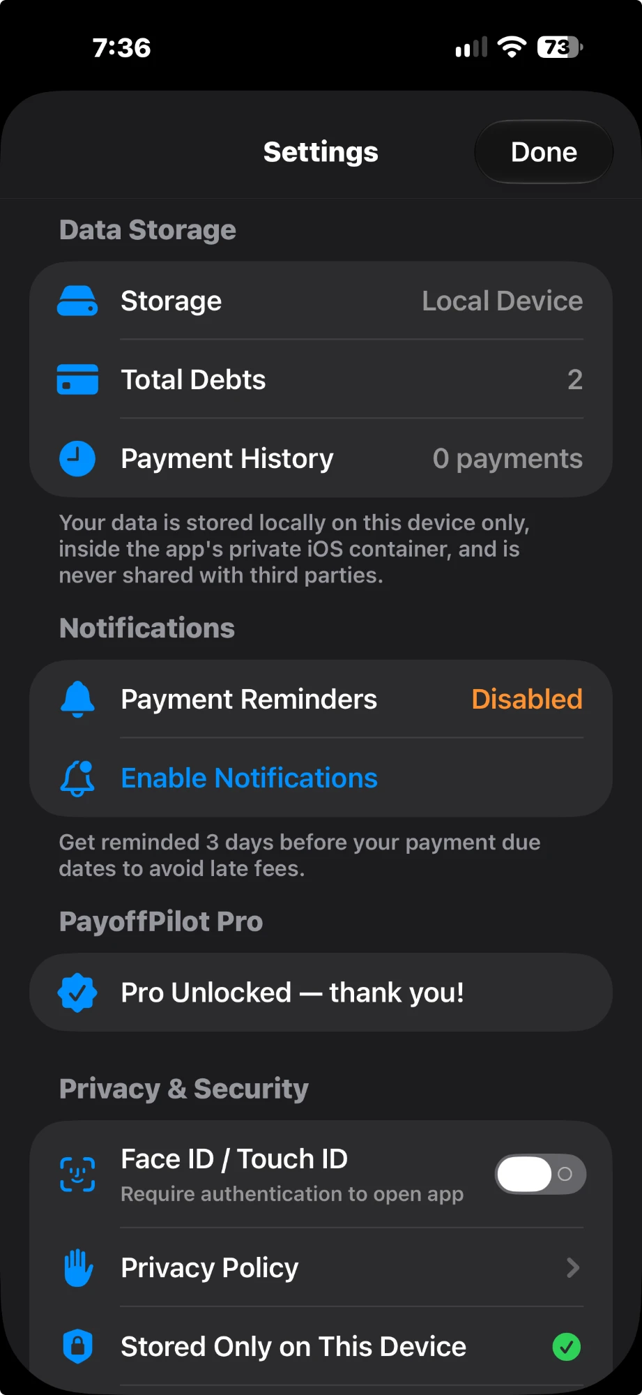 PayoffPilot Settings screen showing storage on the local device, payment reminders, Face ID and Touch ID, and Stored Only on This Device